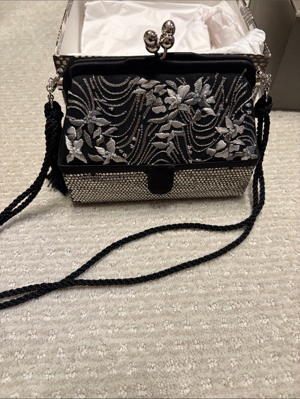Judith Leiber Embroidered Black Evening Bag with Silver Accents
